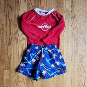 Boys Rash Guard w/ Matching Swim Trunks | Hard Rock | Guitars | 2T